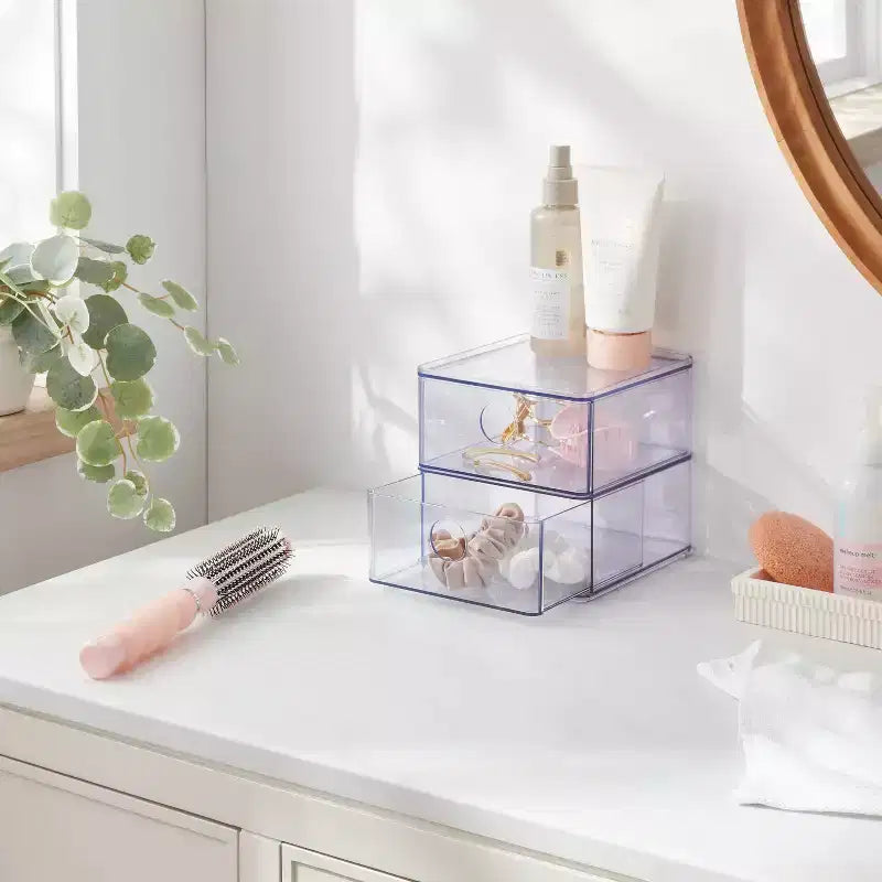 Clear Stackable Drawer, Plastic Utility Storage, 2 Drawers, 6"x6"x6", Toiletries Organizer