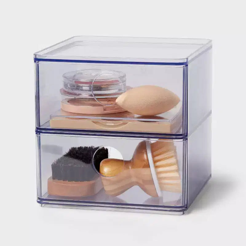 Clear Stackable Drawer, Plastic Utility Storage, 2 Drawers, 6"x6"x6", Toiletries Organizer
