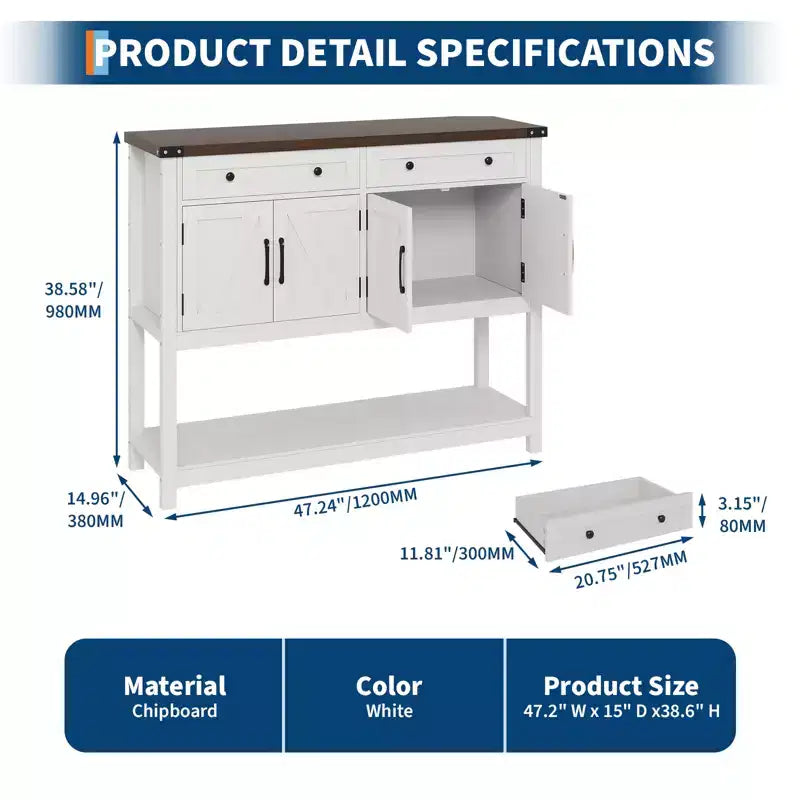 47.2" Farmhouse Sideboard Buffet Cabinet with 2 Drawers