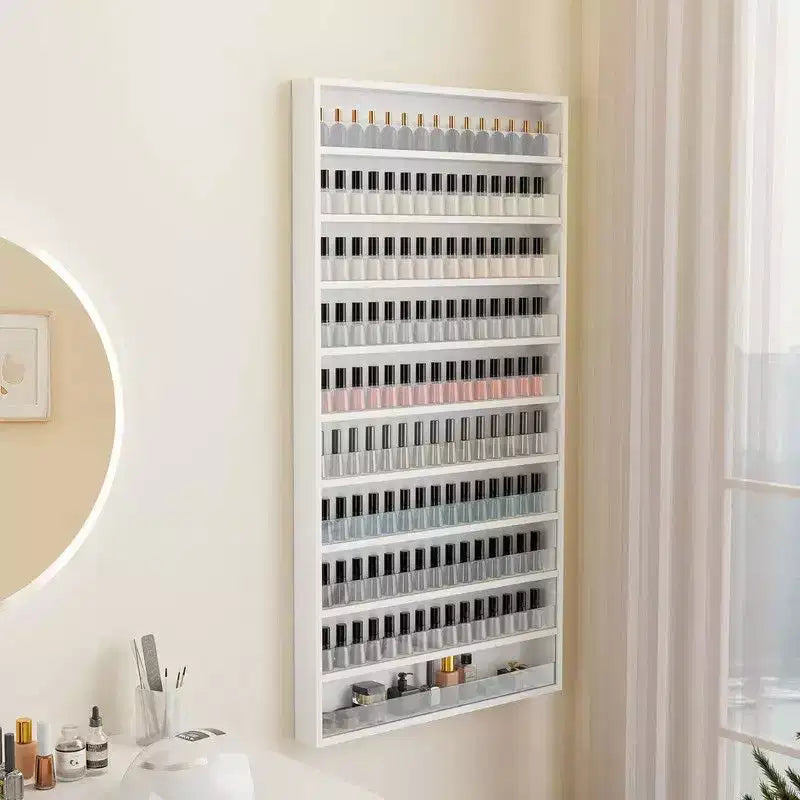 White 10-Layer Wall Mount Nail Polish Organizer Rack with Acrylic Baffle