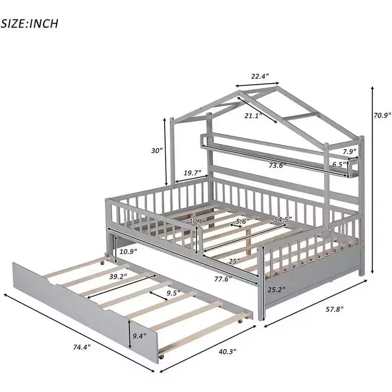 Full Size House Bed Frame for Kids with Storage Drawers, Safety Rails & Roof Design, White