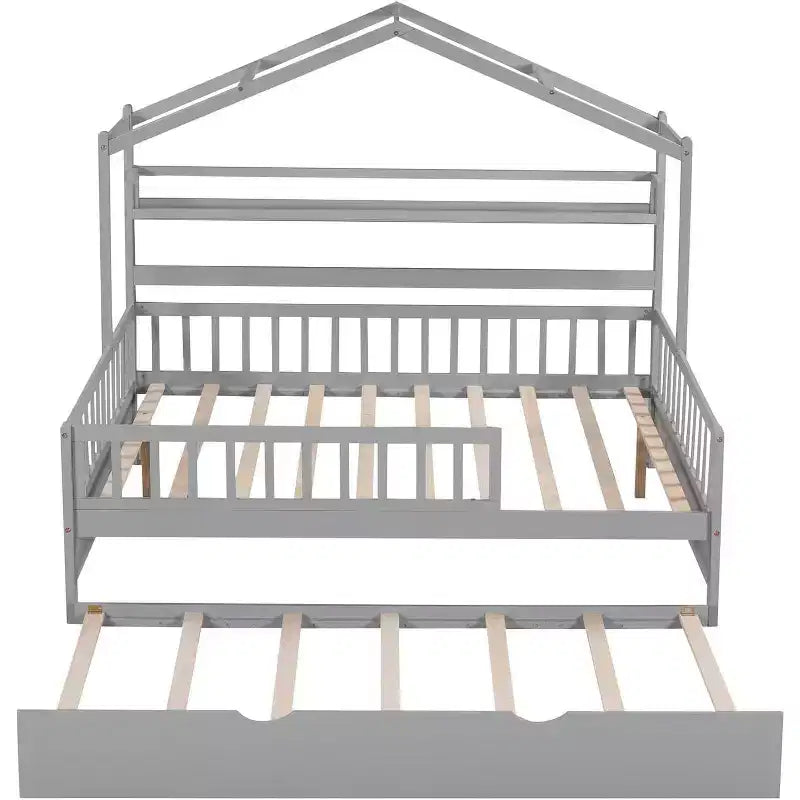 Full Size House Bed Frame for Kids with Storage Drawers, Safety Rails & Roof Design, White