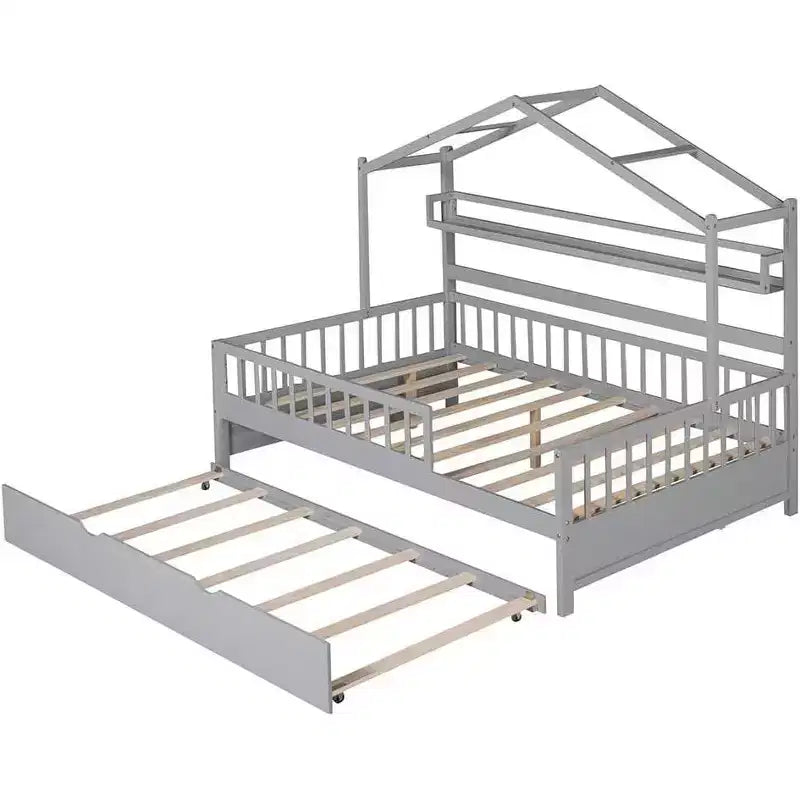 Full Size House Bed Frame for Kids with Storage Drawers, Safety Rails & Roof Design, White