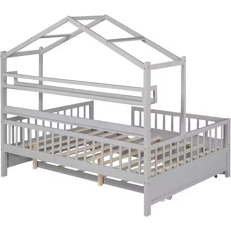 Full Size House Bed Frame for Kids with Storage Drawers, Safety Rails & Roof Design, White