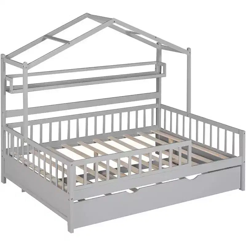 Full Size House Bed Frame for Kids with Storage Drawers, Safety Rails & Roof Design, White