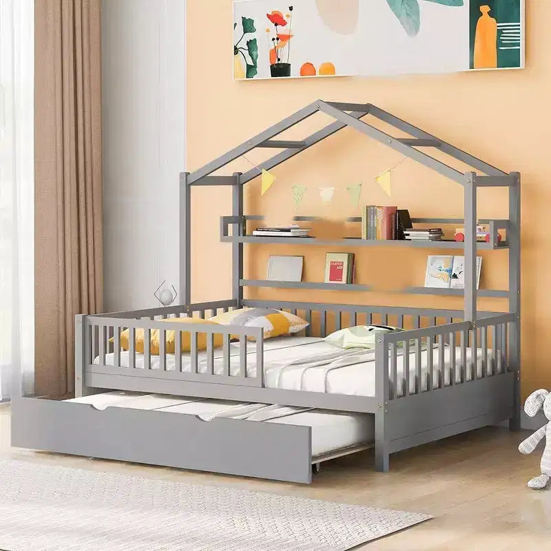 Full Size House Bed Frame for Kids with Storage Drawers, Safety Rails & Roof Design, White