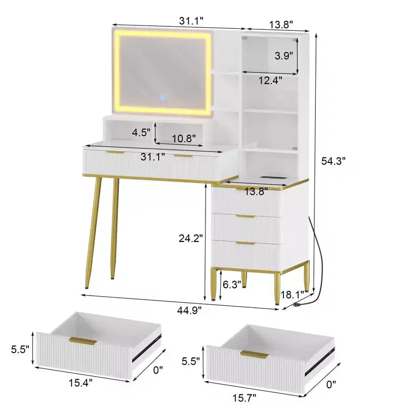Fluted Vanity Desk with Mirror, Lights, 5 Drawers & Power Outlet