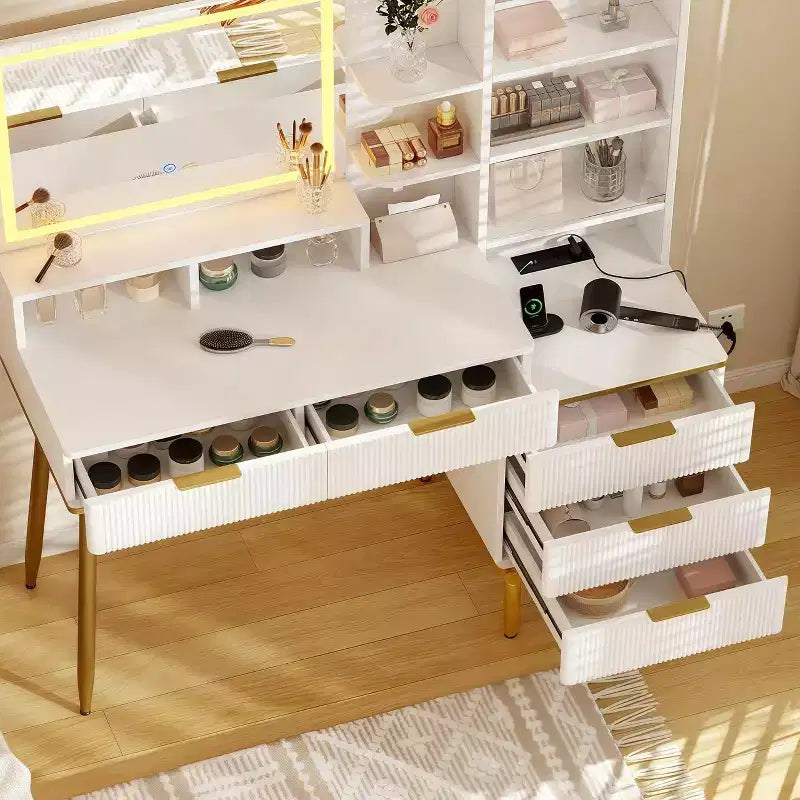 Fluted Vanity Desk with Mirror, Lights, 5 Drawers & Power Outlet