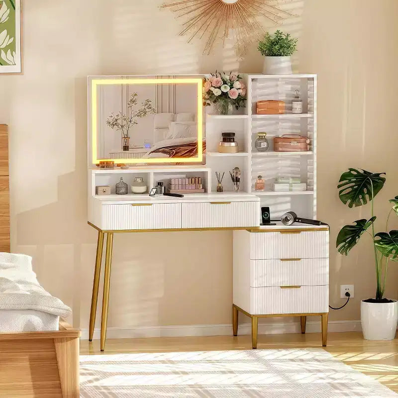 Fluted Vanity Desk with Mirror, Lights, 5 Drawers & Power Outlet