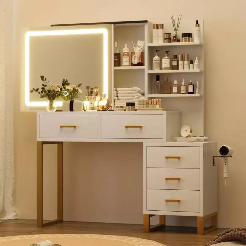 Vanity Desk with Mirror, LED Light, Charging Station, 5 Drawers & 3-Tier Open Shelves
