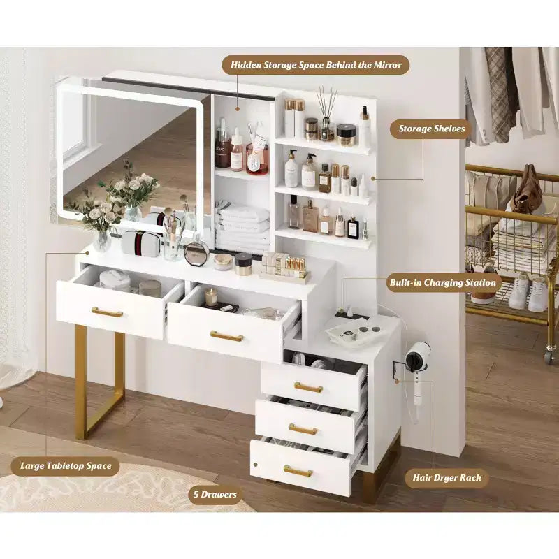 Vanity Desk with Mirror, LED Light, Charging Station, 5 Drawers & 3-Tier Open Shelves