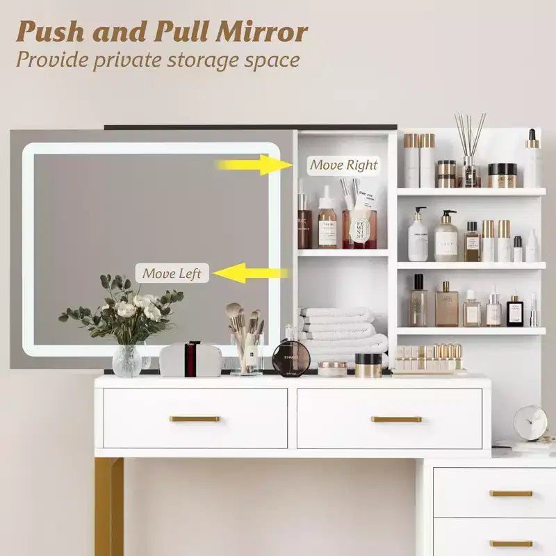 Vanity Desk with Mirror, LED Light, Charging Station, 5 Drawers & 3-Tier Open Shelves