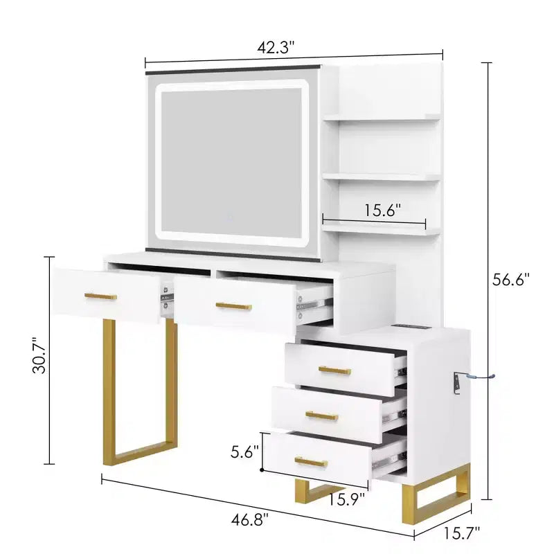 Vanity Desk with Mirror, LED Light, Charging Station, 5 Drawers & 3-Tier Open Shelves