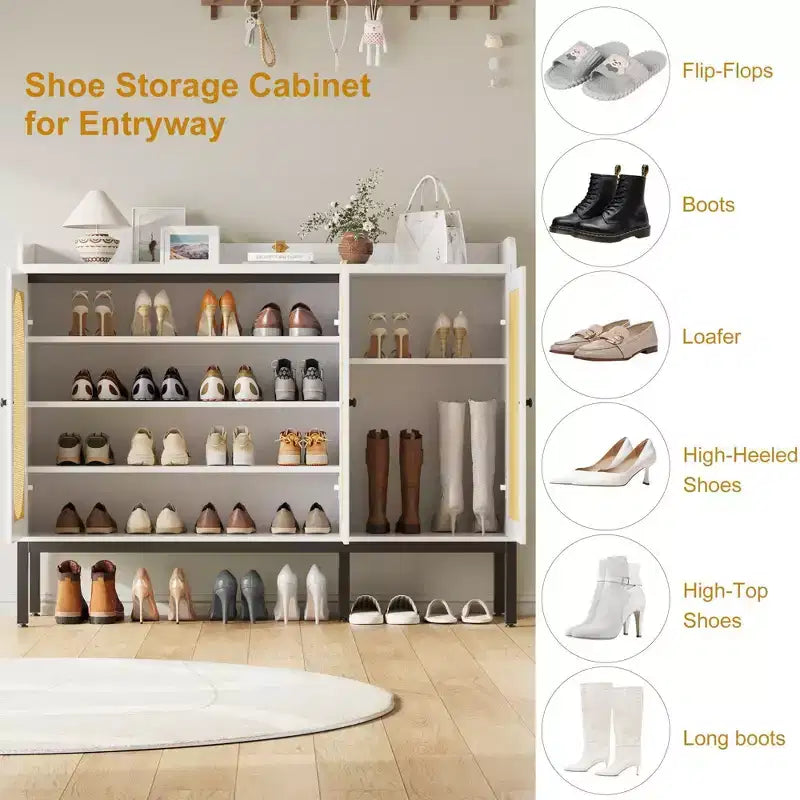 Shoe Cabinet with 3 Rattan Doors, 7-Tier Freestanding Shoe Storage Organizer