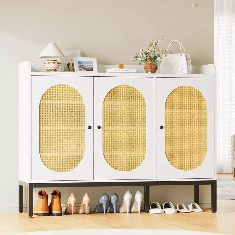 Shoe Cabinet with 3 Rattan Doors, 7-Tier Freestanding Shoe Storage Organizer