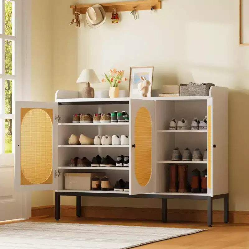 Shoe Cabinet with 3 Rattan Doors, 7-Tier Freestanding Shoe Storage Organizer