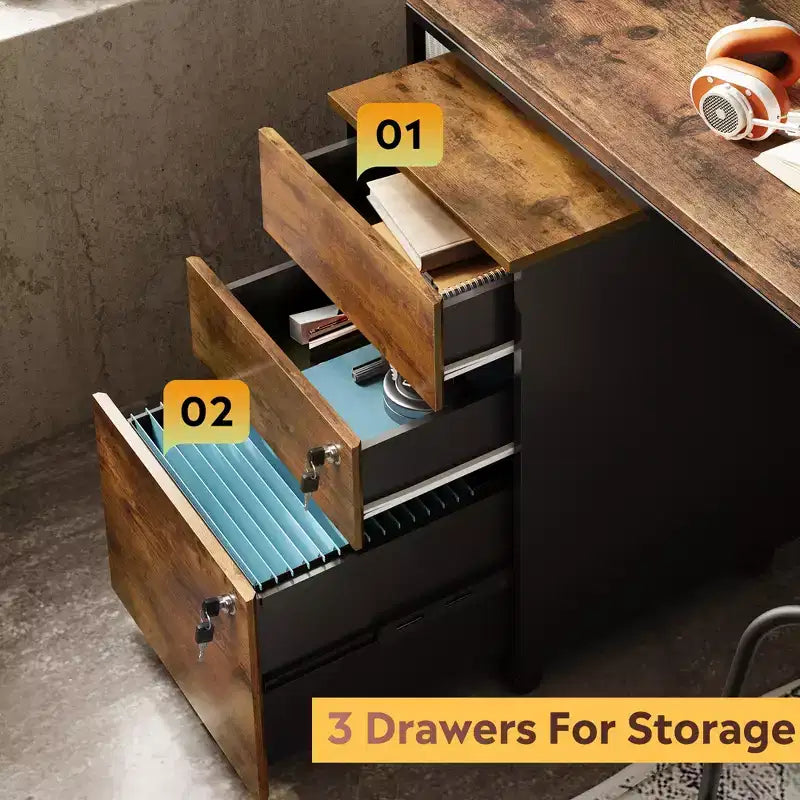 3-Drawer Rolling File Cabinet with Lock, Wood Under Desk Filing Cabinet