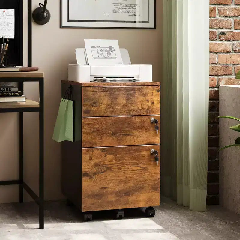 3-Drawer Rolling File Cabinet with Lock, Wood Under Desk Filing Cabinet