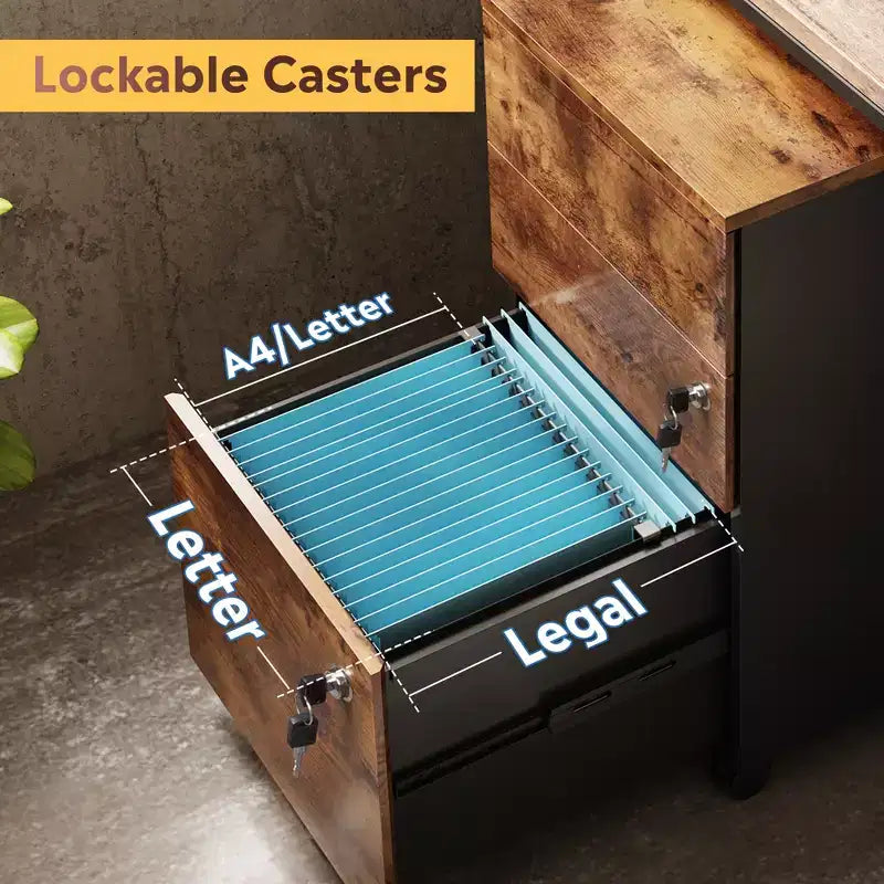 3-Drawer Rolling File Cabinet with Lock, Wood Under Desk Filing Cabinet