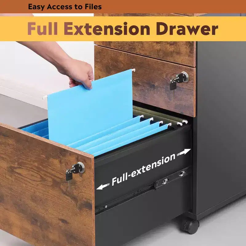 3-Drawer Rolling File Cabinet with Lock, Wood Under Desk Filing Cabinet