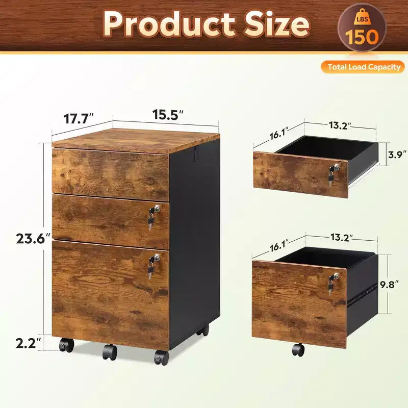 3-Drawer Rolling File Cabinet with Lock, Wood Under Desk Filing Cabinet
