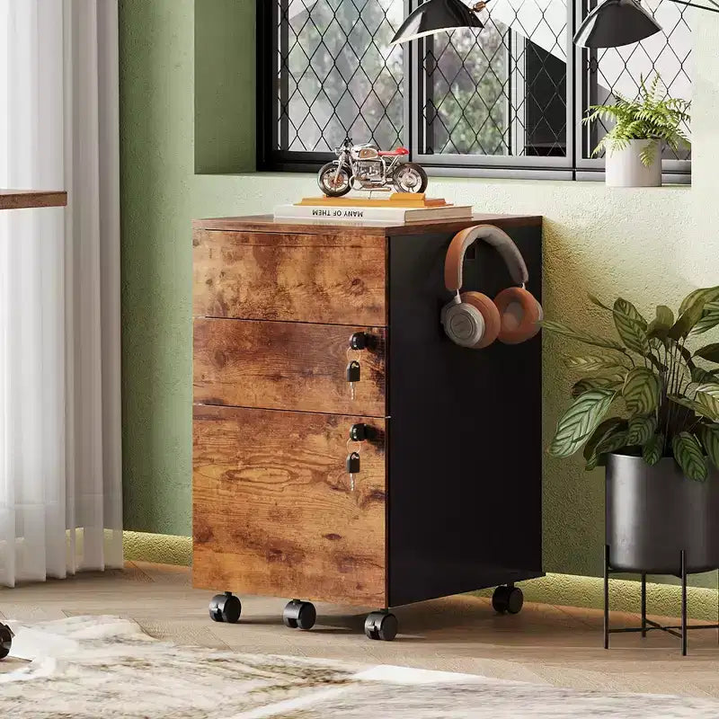 3-Drawer Rolling File Cabinet with Lock, Wood Under Desk Filing Cabinet
