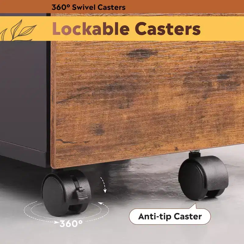 3-Drawer Rolling File Cabinet with Lock, Wood Under Desk Filing Cabinet