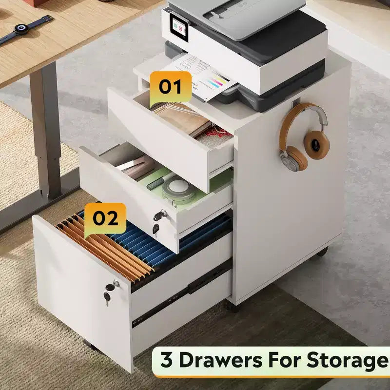 3-Drawer Rolling File Cabinet with Lock, Wood Under Desk Filing Cabinet