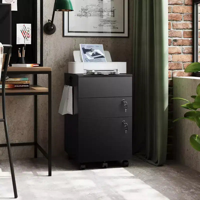 3-Drawer Rolling File Cabinet with Lock, Wood Under Desk Filing Cabinet