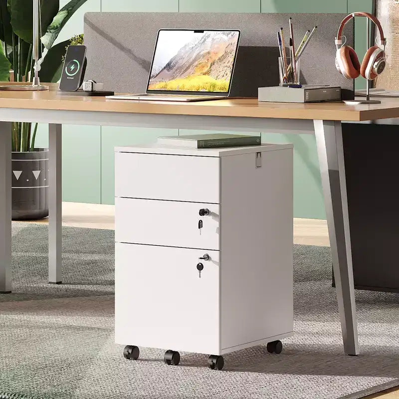 3-Drawer Rolling File Cabinet with Lock, Wood Under Desk Filing Cabinet