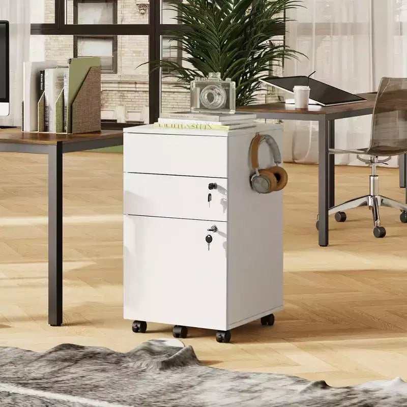3-Drawer Rolling File Cabinet with Lock, Wood Under Desk Filing Cabinet