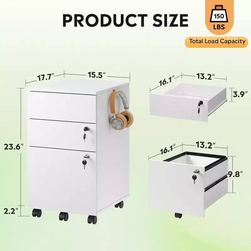 3-Drawer Rolling File Cabinet with Lock, Wood Under Desk Filing Cabinet