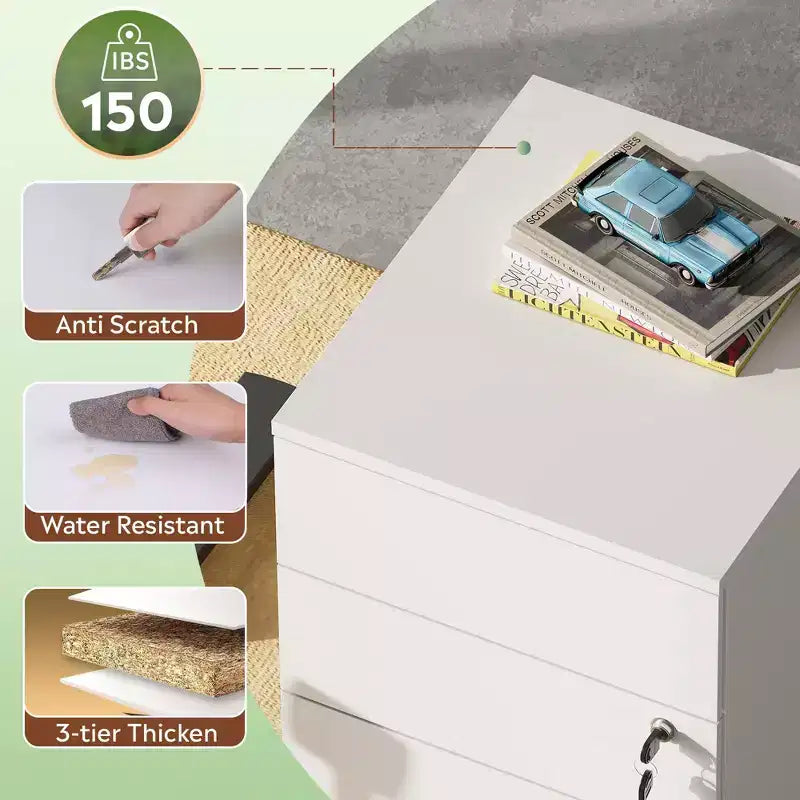 3-Drawer Rolling File Cabinet with Lock, Wood Under Desk Filing Cabinet
