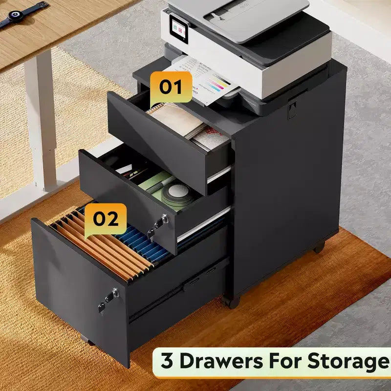 3-Drawer Rolling File Cabinet with Lock, Wood Under Desk Filing Cabinet