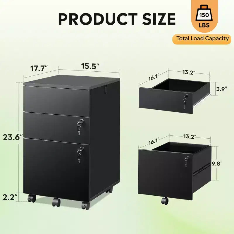 3-Drawer Rolling File Cabinet with Lock, Wood Under Desk Filing Cabinet