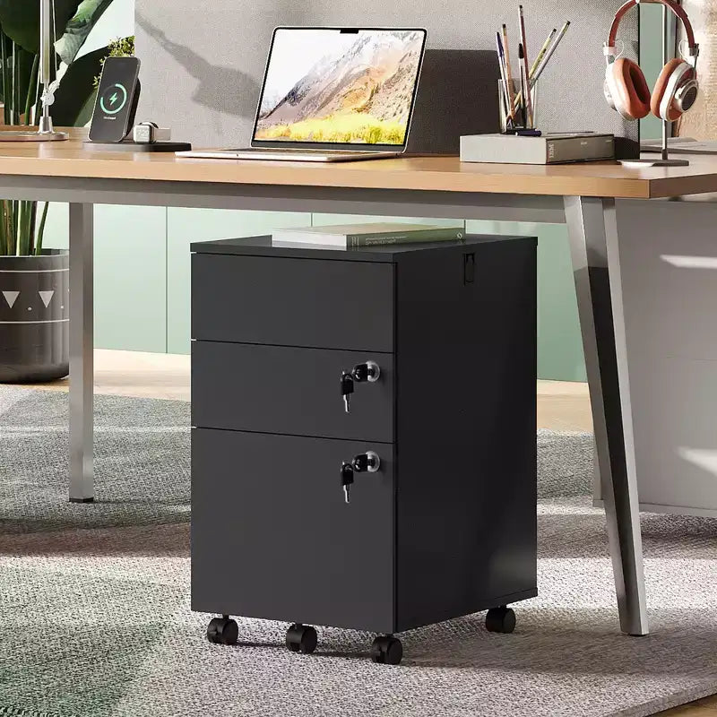 3-Drawer Rolling File Cabinet with Lock, Wood Under Desk Filing Cabinet