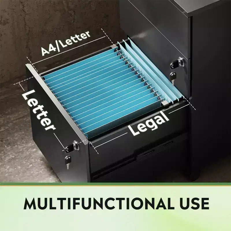 3-Drawer Rolling File Cabinet with Lock, Wood Under Desk Filing Cabinet