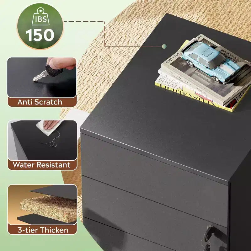 3-Drawer Rolling File Cabinet with Lock, Wood Under Desk Filing Cabinet