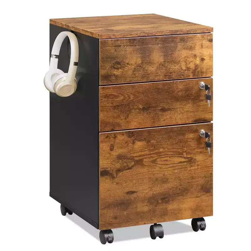 3-Drawer Rolling File Cabinet with Lock, Wood Under Desk Filing Cabinet