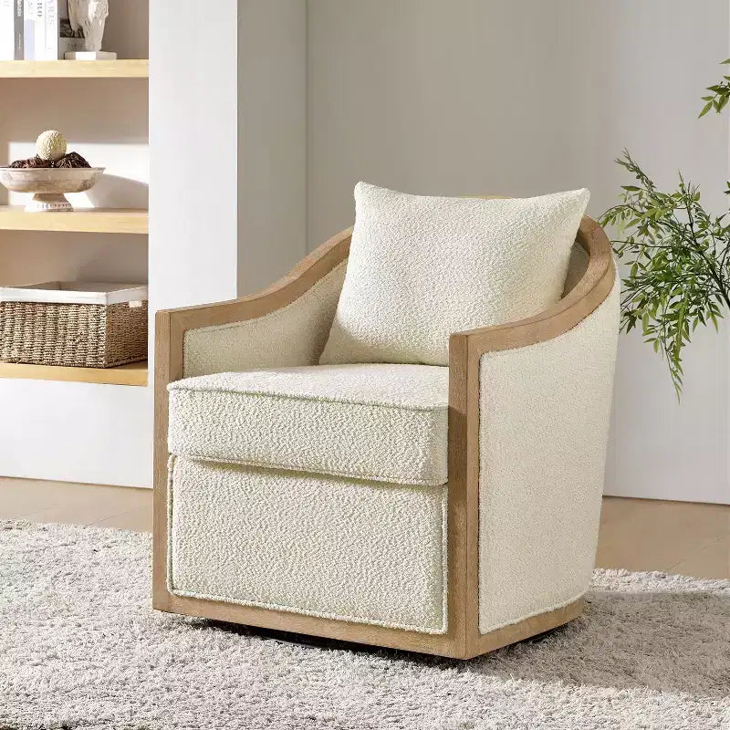 Farmhouse Rattan Solid Wood Armchair with Solid Wood Edging, Ivory