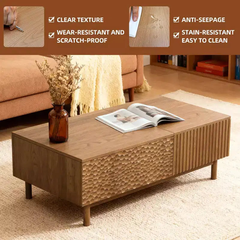 Modern Fluted Lift-Top Coffee Table with Hidden Storage & Artisan-Textured Drawers, Walnut