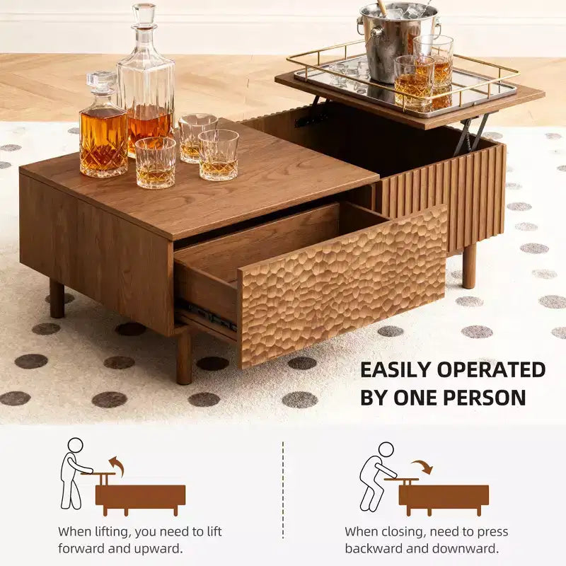 Modern Fluted Lift-Top Coffee Table with Hidden Storage & Artisan-Textured Drawers, Walnut