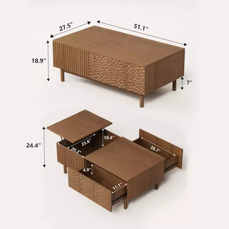 Modern Fluted Lift-Top Coffee Table with Hidden Storage & Artisan-Textured Drawers, Walnut