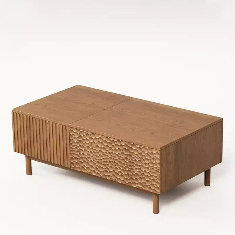 Modern Fluted Lift-Top Coffee Table with Hidden Storage & Artisan-Textured Drawers, Walnut