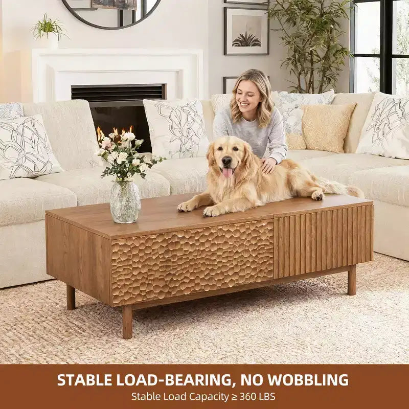 Modern Fluted Lift-Top Coffee Table with Hidden Storage & Artisan-Textured Drawers, Walnut