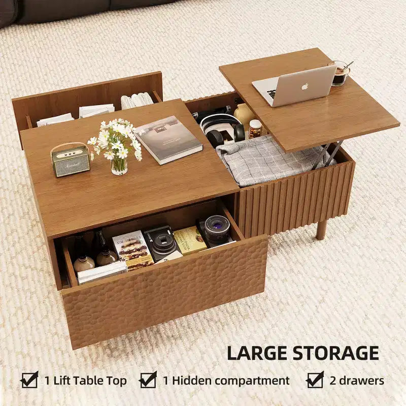 Modern Fluted Lift-Top Coffee Table with Hidden Storage & Artisan-Textured Drawers, Walnut