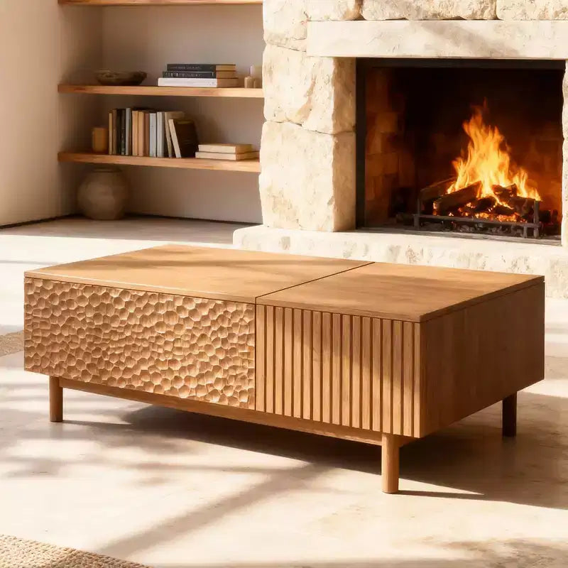Modern Fluted Lift-Top Coffee Table with Hidden Storage & Artisan-Textured Drawers, Walnut