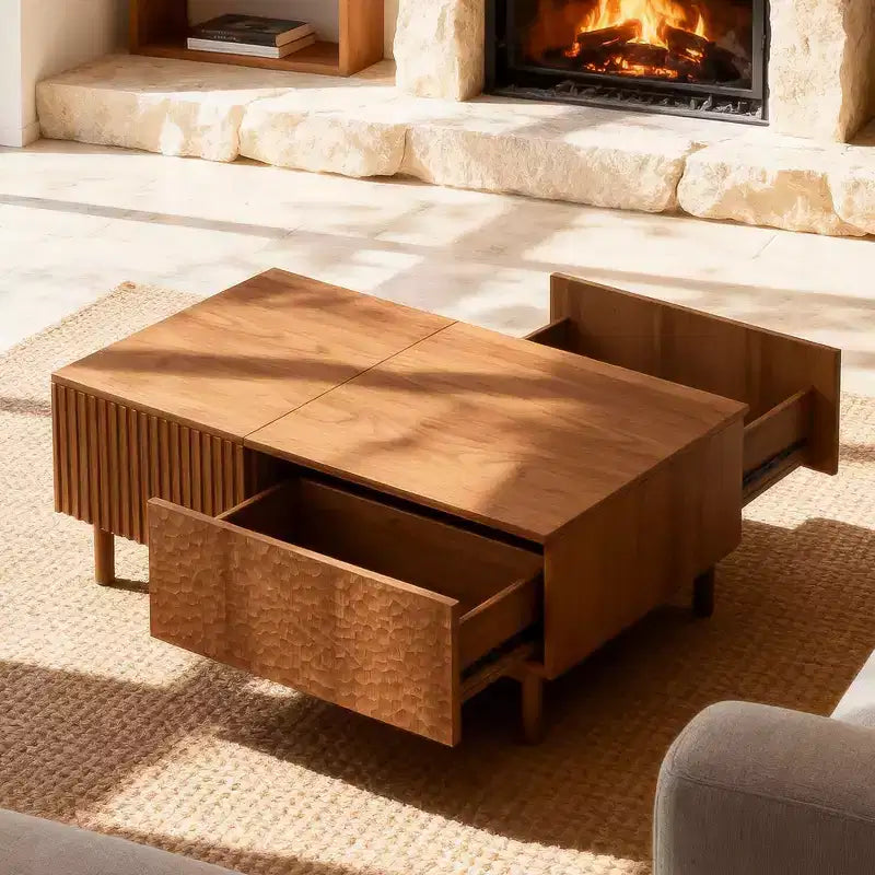 Modern Fluted Lift-Top Coffee Table with Hidden Storage & Artisan-Textured Drawers, Walnut