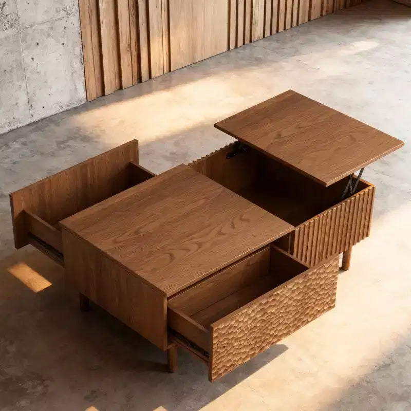 Modern Fluted Lift-Top Coffee Table with Hidden Storage & Artisan-Textured Drawers, Walnut