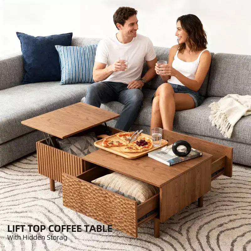Modern Fluted Lift-Top Coffee Table with Hidden Storage & Artisan-Textured Drawers, Walnut